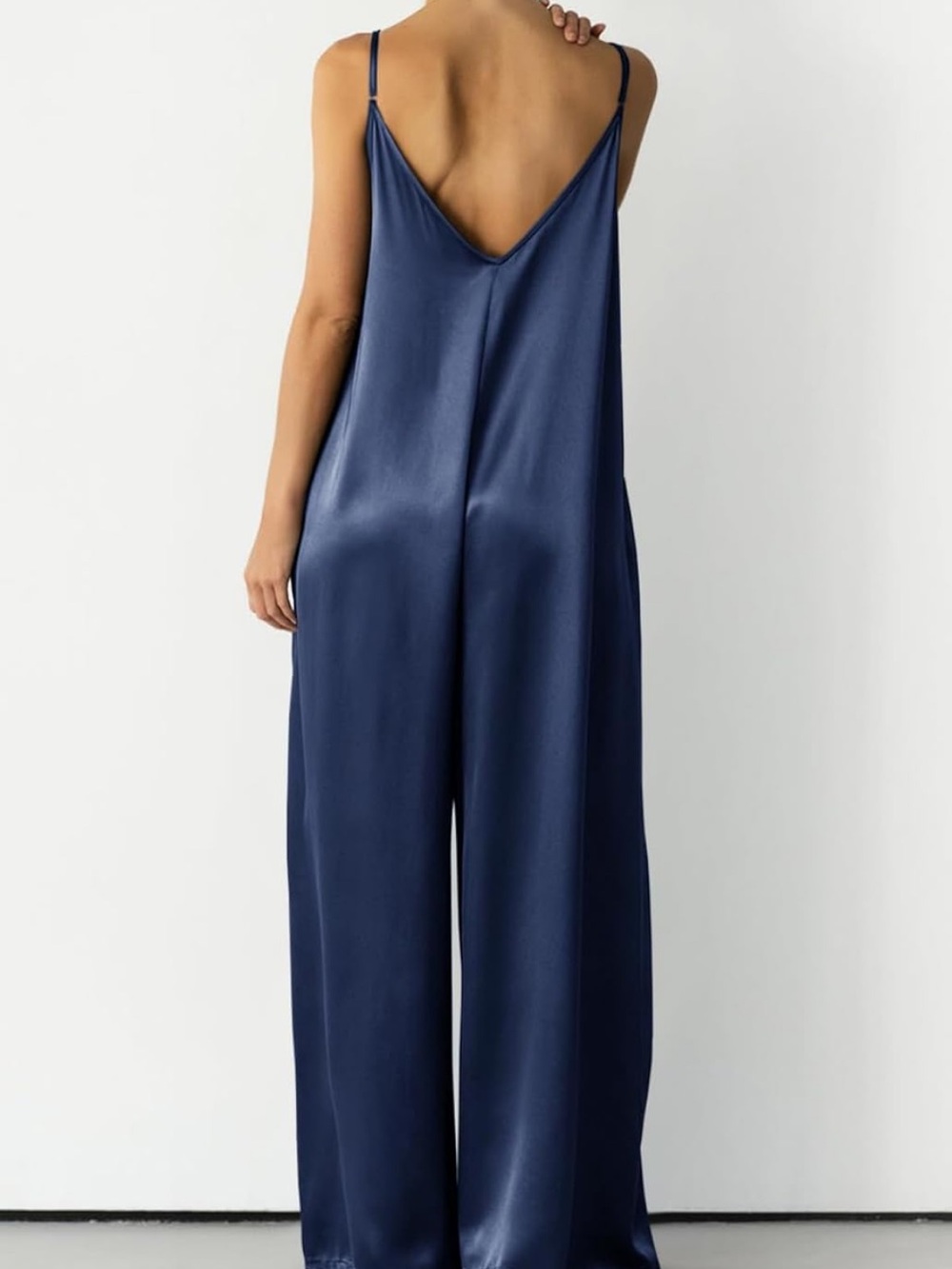 Amazon Navy Satin V-Neck Wide-Leg Jumpsuit - Picture 2 of 5